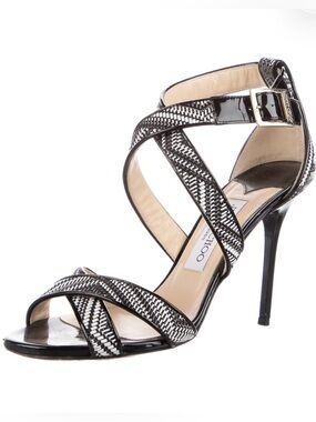 Jimmy Choo Lottie Patent Leather & Raffia Heels Black Size 38